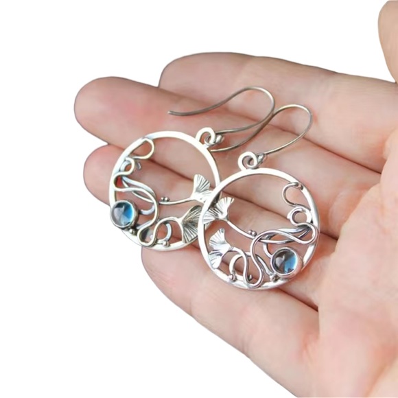 Silver and Blue Stone Maple Leaf Hoop Drop Earrings - Picture 3 of 5